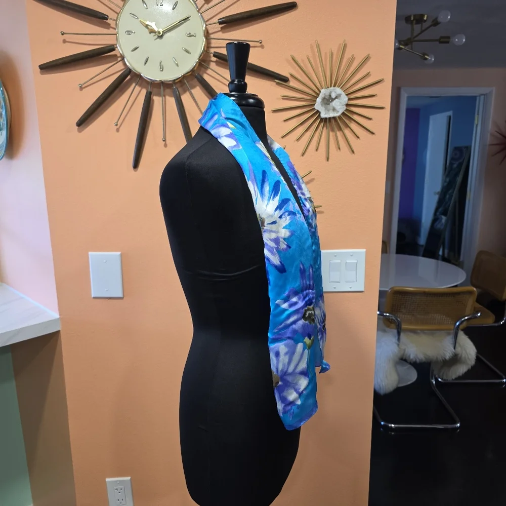 Vintage 90s Ellen Tracy Floral Silk Scarf  Blue and Purple Boho Chic Bohemian
